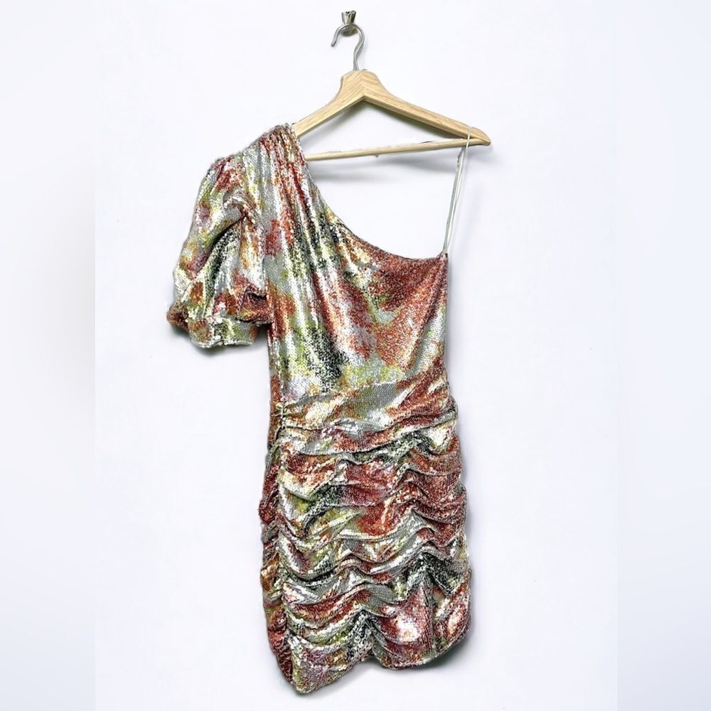 Ronny Kobo Multicolor Sequin Mini Dress One Shoulder Ruched Bodycon Large - Picture 3 of 14